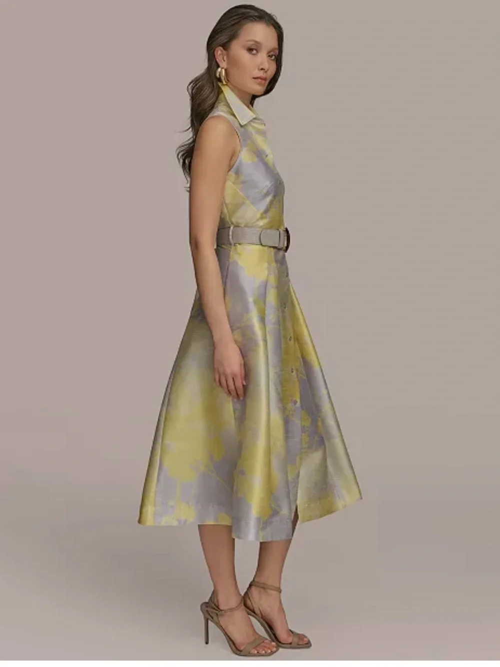 Donna Karan Yellow and Silver Floral Sleeveless Midi Dress - Picture 4 of 8